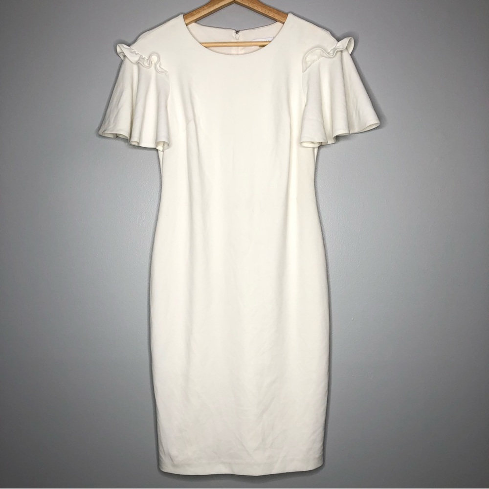Calvin Klein Ruffles Sleeve Dress Scuba Crepe Sheath White Dress Office Formal